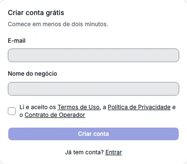 Formulário de cadastro com e-mail, nome do negócio e aceite dos documentos